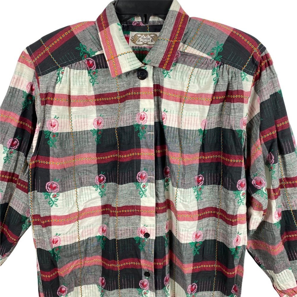 Vintage Angelique Shirt Embroidered Plaid Floral 90s Y2K Blouse Women Size Small - Picture 2 of 12